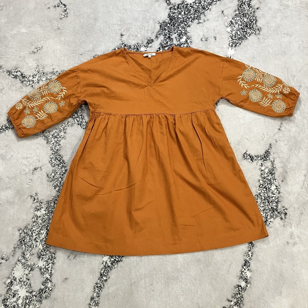 Madewell Orange Embroidered Sleeve Popover Tunic Dress‎ Size Small Boho Peasant